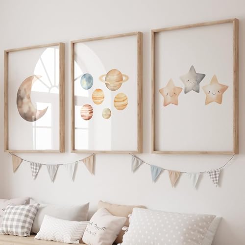 Boho Moon Stars and Planets Canvas Art Watercolors Painting Nursery Wall Art Posters Prints Pictures Baby Kids Room Decor 16x20 Inch Unframed - color: Boho Nursery Art Prints, size: 16x20 Inch