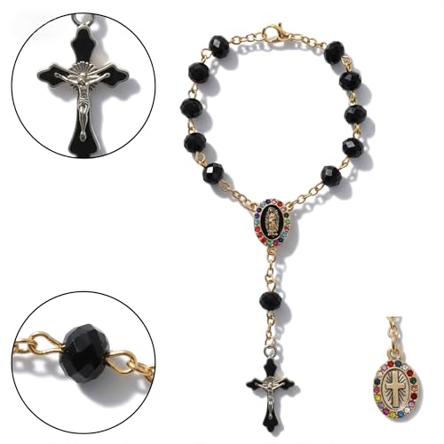 2 Pack Car Rosary for Rear View Mirror Black Catholic Car Accessories Gold Plated Cross for Hanging Ornament with Colorful Rhinestone Virgin Mary Charms Religious Gifts (Black)