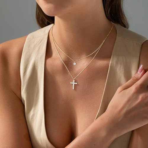 Cross Necklace For Women,14K Gold Plated Small Dainty Colorful Beaded Cubic Zirconia Diamond Double Layered Cross Pendant Choker Necklaces For Women,Christian Easter Religious Jewelry Gifts - style: Layered Diamond Cross-Gold