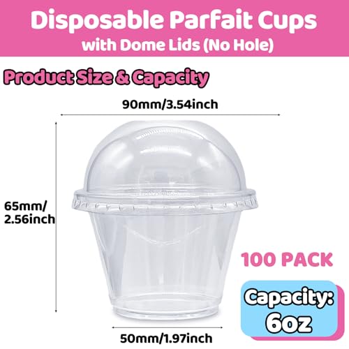 Alaeseje 100 Pack 6 oz Plastic Dessert Cups with Dome Lids,No Hole