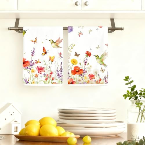 Hummingbird Kitchen Towels Set of 4, Floral Butterfly Dish Towels - color: Colorful Hummingbird