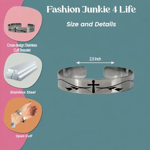 FashionJunkie4Life 925 Sterlin Silver and Stainless Steel Open Cuff Bracelet - color: Thick Cross