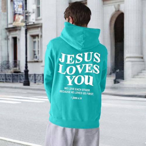 Christian Jesus Loves You Hoodies for Teen Religious Faith Sweatshirts Bible Verse Graphic Youth Hoodie - color: Blue Green, size: Medium