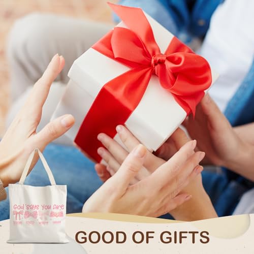 God Says You are Christian Canvas Tote Bags for Women, Inspirational Christian Gifts for Women - color: Pink Bow God Says