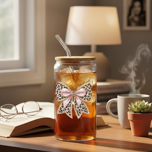 IWXYI Coquette Pink Leopard Bow Christian Glass Cup with Lids and Straws 14oz, It Is Well with My Soul Bible Verse Religious Iced Coffee Tea Drinking Glasses with Cleaning Brush - color: Leopard Bow