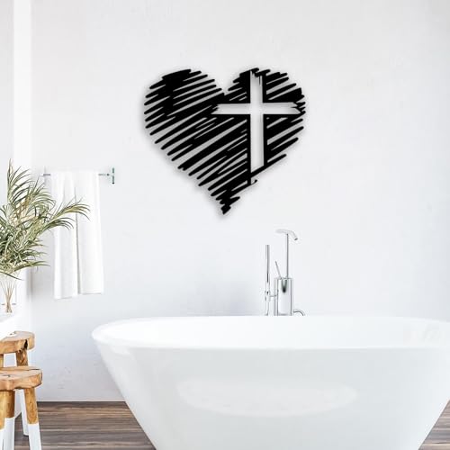 Heart Cross Metal Wall Decor - Elegant Minimalist Room Decor Love Wall Art Home Decor for Living Room, Bedroom, Dining Room, Bathroom, Office (Black)