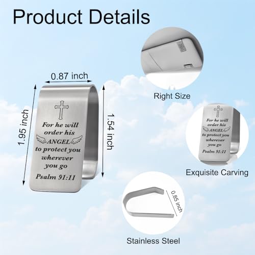 XQLZY for He Will Order His Angels to Protect You Engraved Stainless Steel Car Visor Clip, Wherever You Go Psalm 91:11, Inspirational Guardian Angel Safe Driving Gifts for Family Friend Driver - color: Sliver020