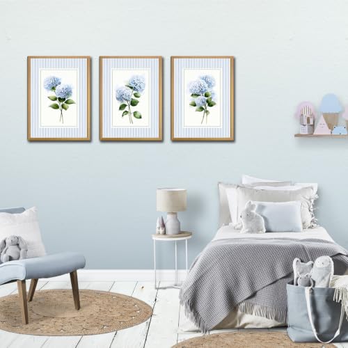 MochaMilly Set of 3 Blue Hydrangea Wall Art Framed Canvas Prints 12x16 Inch - color: Blue-A, size: 12"x16"