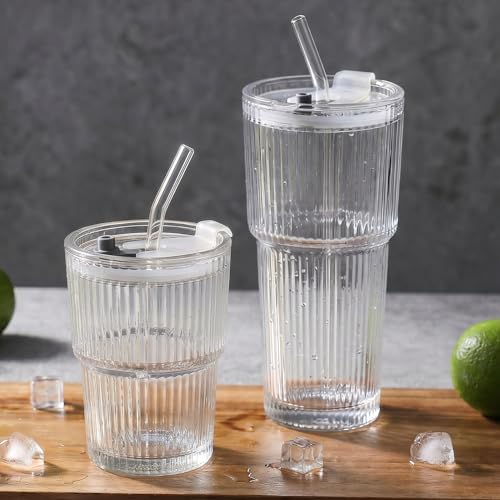 Ribbed Glass Tumbler Drinking Glasses with Lids & Straws, Leak-Proof 20oz and 15oz Glass Cups, 2PCS Glass Tumblers, Ideal for Home, Office, Outdoor Use - style: 2PCS-Clear
