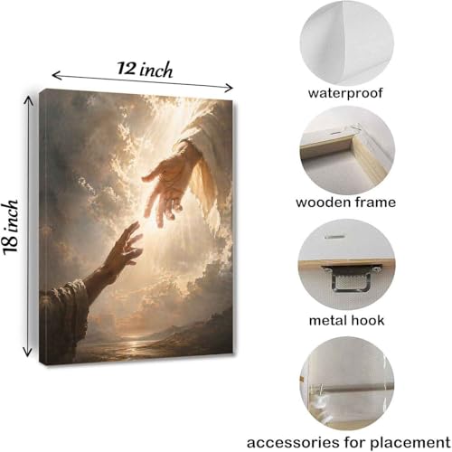Hand of God Wall Art Canvas, Christian Faith Inspirational Decor, Divine Touch Religious Artwork, Spiritual Heaven Light Painting for Living Room Bedroom Office Gift Framed 12 * 18 inch - color: Hand of God, size: 18"L x 12"W
