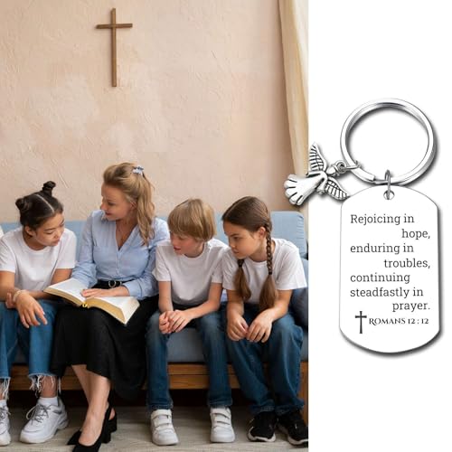Inspirational Scripture Keychain with Angel Pendant - Bible Verse Key Chain Religious Gift for Christian - style: Romans 12:12