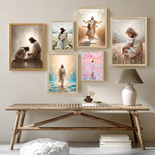 FASWQ Wood Framed Pink Jesus Walking on Water Wall Art 16x24 in - color: JesusBack(Wood), size: 24"L x 16"W