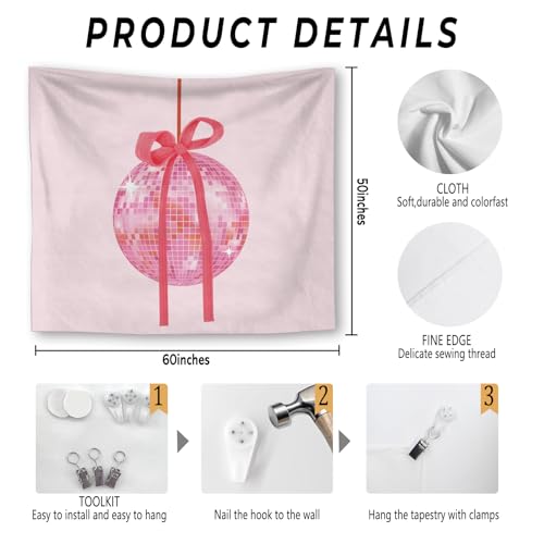 Foritho Pink Coquette Bow Disco Ball Tapestry, Trendy Glam Mirror Ball Tapestry Wall Hanging, Preppy Girly Y2K Disco Wall Tapestries for Girls Bedroom Dorm Apartment Decor, 50x60 Inch - color: Color 19