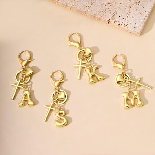 Initial Bag Charms Keychains Women, Cross Cute Heart Letter Key Chain Purse Backpack Handbags Keychain Christian Gift - color: Gold C