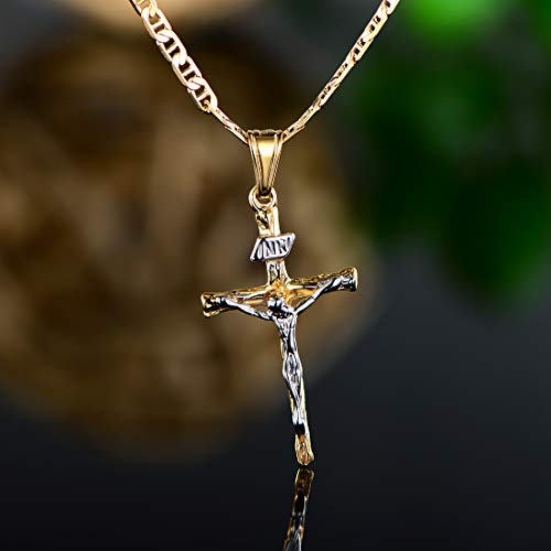 Barzel Cross Necklace for Women & Men 18K Gold Plated Flat Mariner/Marina 060 3MM Chain Necklace With Cross Pendant. - color: Two Tone Cross