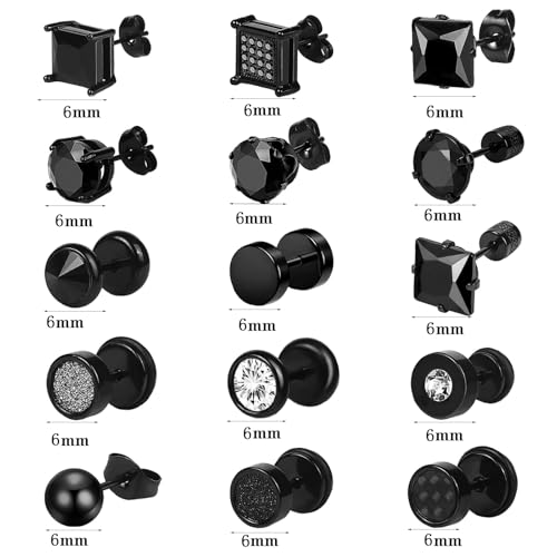 NEWITIN 15 Pairs Stainless Steel Earrings for Men Studs Hoops Earrings Set - color: Black