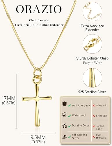 ORAZIO Cross Necklace for Women, Sterling Silver Cross Pendant - color: Gold Plated-Box-Medium