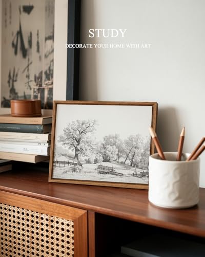 InSimSea Framed Canvas Wall Art, Vintage Pastoral Oak Tree Sketch, 10x8 In - color: Sketch of a Fence