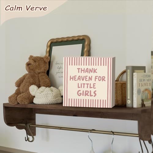 Girl Nursery Decor Wooden Box Sign, Thank Heaven for Little Girls Wood Block Signs Decorations, Pink Striped Wood Box Signs for Girls Room Bedroom Desk Shelf Tabletop Decor, 5x5 Inch - color: Thank Heaven for Little Girls-5x5