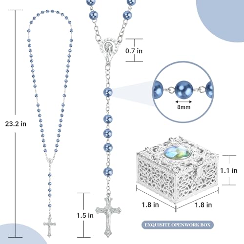 Blue Pearl-Style Rosary Necklace with Metal Gift Box, 8mm, 22 Inch - color: Blue