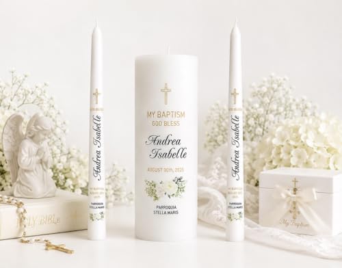 WHITEROOM Personalized Baptism Candle, White Religious Ceremony Candle with Cross Design, Floral Decoration, Custom and Personalized Name and Date (10") - size: 10"