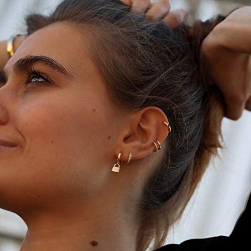 MYEARS Women Earrings Gold Huggie Hoop Dangle Drop 14K Gold Plated Small Simple Hypoallergenic Everyday Jewelry - style: Padlock