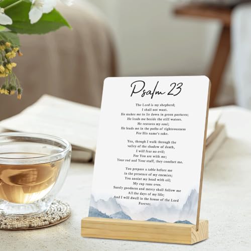 MUBIAO Bible Verse Desk Decor Rustic Plaque with Wood Stand, Psalm 23 Scriptures Mountain Wooden Sign, Christian Decorative Wood Sign for Home Office Shelf Decor - color: Psalm 23