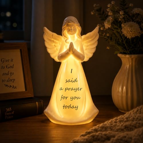 Ceramic Prayer Angel Figurine with LED Light, “I Said a Prayer for You Today” Inspirational Christian Angel Statue, Battery Operated Faith Decor for Encouragement, Comfort & Thinking of You - color: White With Black Words