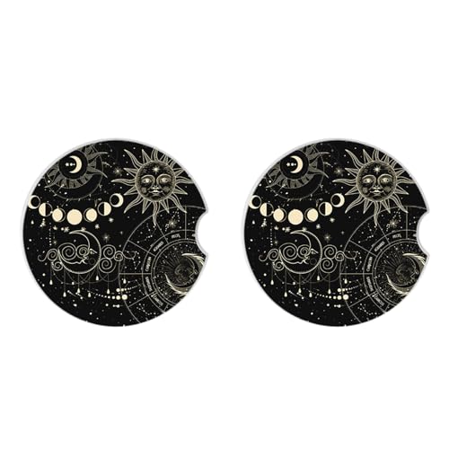 Absorbent Car Coasters 2 Pack for Cup Holders, 2.56" Ceramic Stone & Non-Scratch Cork Base Drink Coasters(Moon and Sun) - color: Moon and Sun