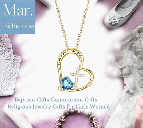 Birthstone Cross Necklace for Girls, Child of God Cross Gifts Jewelry - color: 03. March, style: 02. Yellow color