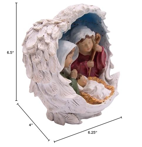 Wowser Nativity Scene Figurine with Angel Wings, Holy Family Christmas Decoration, Mary Joseph Baby Jesus Statue, Religious Holiday Tabletop Decor, 6.5 Inch Resin Keepsake Gift