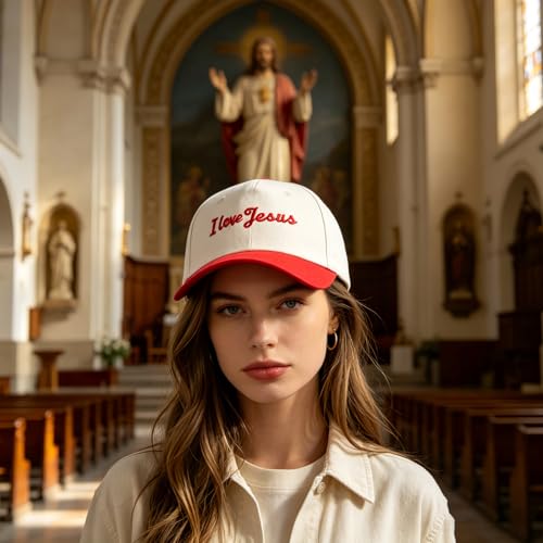 Embroidered Christian Two-Tone Baseball Cap for Men & Women, Adjustable Dad Hat Christmas Easter Gift - color: I Love Jesus Heart, Red/Beige