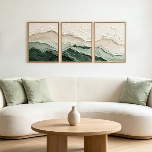 Aurlan 3D Textured Green Abstrcat Ocean Framed Canvas Wall Art 12x16 Inch - color: Green Beige (3D Textured), size: 12"L x 16"W