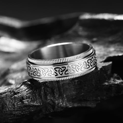 King Will 316L Stainless Steel Spinner Ring for Men Women- 8mm Width Fidget Ring with Dragon/Celtic Knot Pattern, Stress Anxiety Relief Comfort Fit Wedding Band - color: Silver-All-A, size: 10, style: Celtic Knot