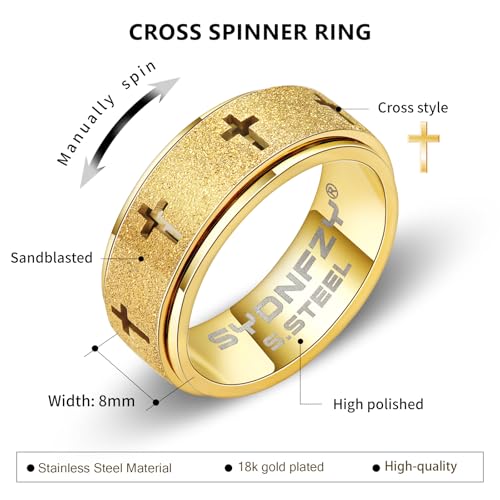 Anxiety Spinner Ring for Men - Stainless Steel Fidget Spinner Ring, Band Cross Thumb Roating Rings for Stress Relief 8mm Anxiety Relieve Fidget Toys for Adults Ring Size 6 7 8 9 10 11 - color: Gold
