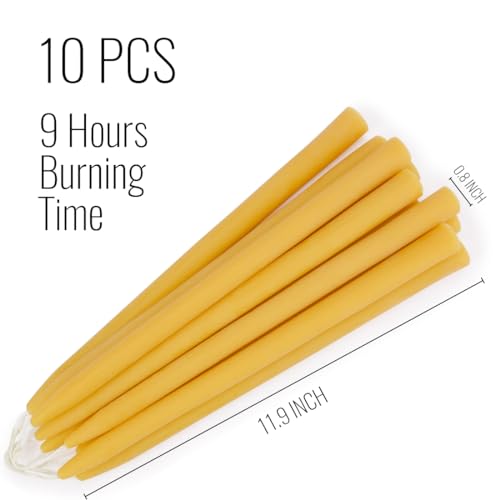 10 Pack Natural Beeswax Taper Candles - 9 Hour Burn Time, Yellow Handmade Beeswax Candles for Home Parties, Weddings, 12-inch - color: Yellow, size: 12in-10pack