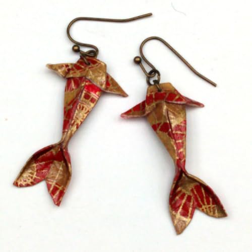 Paper Origami Koi Fish Earrings, 6 Color Patterns - color: Brass, Red