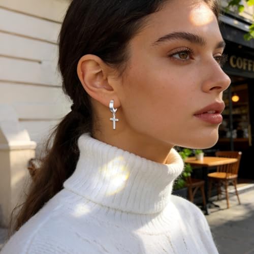 Cupimatch 3-6 Pairs Stainless Steel Cross Dangle Huggie Hinged Hoop Earrings for Men Women (1 Pair Silver Cross) for Mother's Day - color: Silver