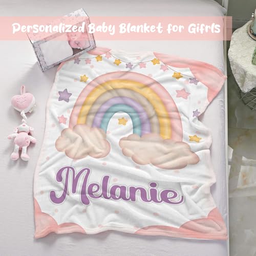 Personalized Baby Blanket for Girls, Custom Baby Blanket with Name, Customized Name Blankets for Kids, Soft Cozy Rainbow Receiving Blankets for Infant Toddler for Birthday Christmas - color: Cute Rainbow