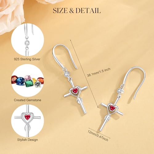 FANCIME Gift for Women Cross Dangle Drop Earrings 925 Sterling Silver Heart Birthstone Earring Fine Jewelry Birthday Gifts for Her Women - color: 07-Ruby