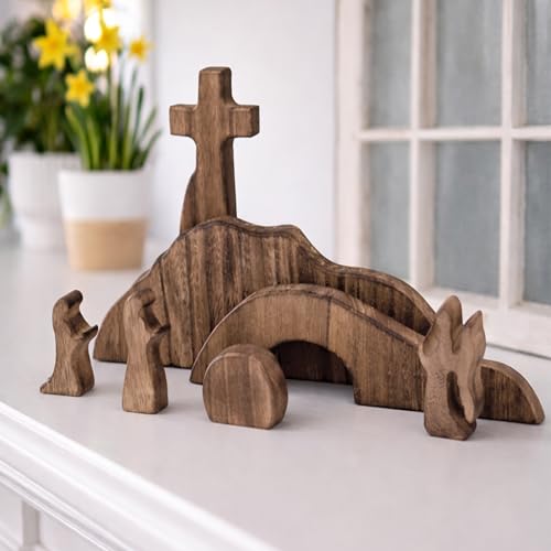 Religious Easter Decoration for Home, Wooden Christian Easter Decor for Table Mantel Home Decor Easter Resurrection Scene Set Cross Empty Tomb Easter Decoration Gift (Easter)