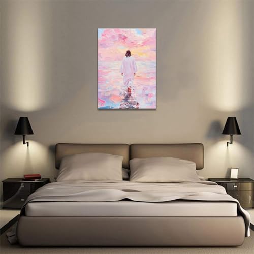 Jesus Wall Art Pink Jesus Walking On Water Wall Decor, Minimalist Religious Savior Canvas Painting Modern Christian Bible Aesthetic Picture for Church Hospital Prayer Areas Home Decor 12"x16in Framed - color: pink jesus, size: 16"L x 12"W