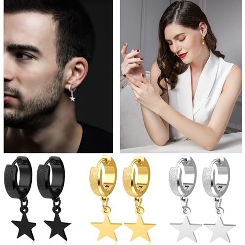 Men Women Stainless Steel Cross Earrings Set Dangle Hinged Earrings of Dangle Hinged Earrings Cross hoop Earrings - color: 3 Pairs Star Earrings (Black+Silver+Gold)