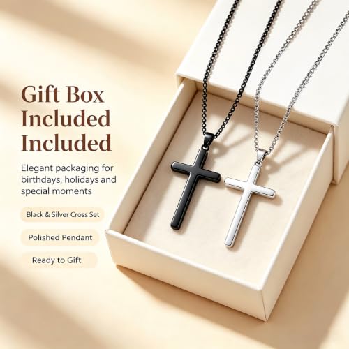 Three sets Steel Cross Necklace with Lord's Prayer, Stainless Steel, Silver, 24 Inches, Ball Chain,gift christian, Polished Finish, Military Theme, Religious Crucifix Pendan,fou gift box - color: Silver and black