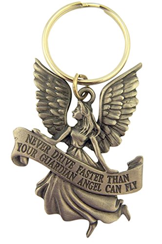 Pewter Guardian Angel with Banner Never Driver Faster Key Chain, Inch