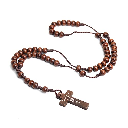COLORFUL BLING Classic Natural Wood Beads Cross Pendant Necklace for Men Women Religious Rosary Jewelry Handmade Prayer Accessories - color: S5 brown polish