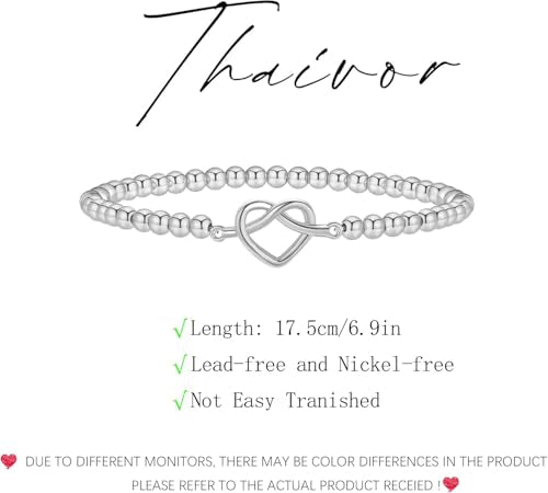 Beaded Bracelets for Women 14K Silver Gold Plated Stretch Handmade Ball Bracelets Cute Charm Bracelet Dainty Stackable Cross Heart Bow Wave CZ Circle Trendy Jewelry Easter Gifts - color: Silver-5