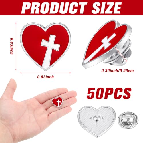 Juexica 50 Pcs Religious Sacred Heart of Jesus Pins Bulk Christian Favors Cross Enamel Lapel Brooch Red Heart Pins for Clergy Appreciation Gift Church Funeral Sunday School - style: Cross