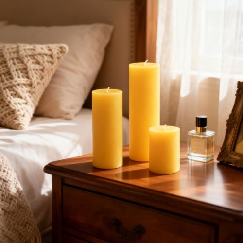 Beeswax Pillar Candles Set of 3, 2 x 3/6/8 Inch, Light Natural Honey Aroma, Smokeless Long Burning for Home Decor, Wedding, Church, Meditation & Emergency Use
