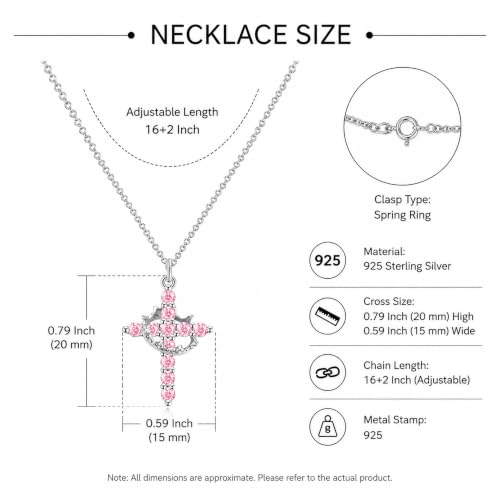 925 Sterling Silver Cross With Crown Necklace for Women 16+2 Inch - color: Silver-Pink CZ